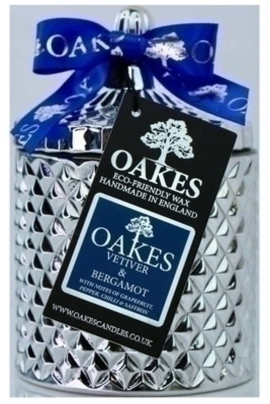 Oakes Vetiver and Bergamot Scented Soy Wax Candle in Glass Jar <p>Oakes Vegan artisan luxury scented candle for your home in a stylish jar. Made locally in Liverpool. Cut glass candle jar in Vetiver and Bermot scent. Oakes candle votive comes in a beautiful chic repurposeable white cut glass jar with lid and branded decorative bow. Eco-Friendly made from soy wax blend from a renewable and sustainable source and has an approx burn time of 45 hours+</p>